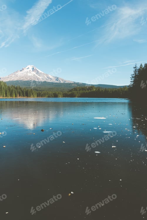 Preview: A Vertical Shot Of A Blue Lake With Trees And A Mountain In The Distance