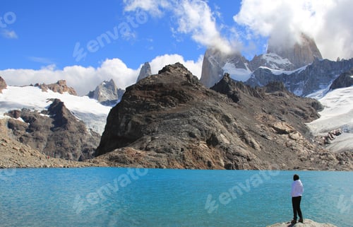 Preview: Girl, Blue Lake, Glacier And Mountains. El Chalten (Argentina'S Trekking Capital) - Patagonia