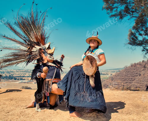 Preview: Mexican Dancers Posing At Camera With Tufts And Pre-Hispanic Dress