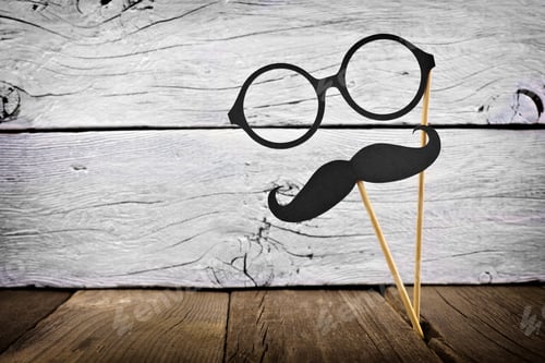 Preview: Funny Mustache And Glasses On Sticks Against A Rustic White Wood Background
