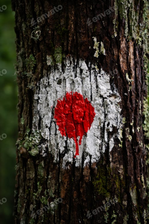 Preview: A Vertical Shot Of A Red Dot Hiking Sign On A Tree
