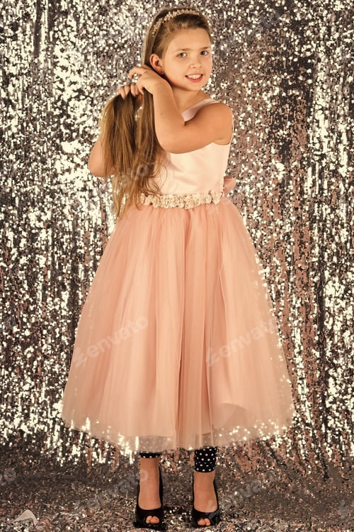 Preview: Kids Face Skin Care. Portrait Girl Face In Your Advertisnent. Prom Dress On Pretty Small Girl