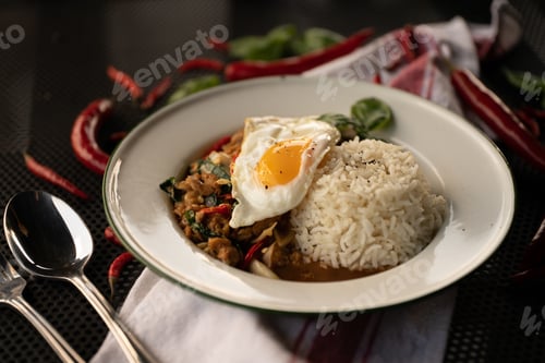 Preview: A Close Shot Of A Dish With Rice And Egg In A White Plate With A Blurred Background