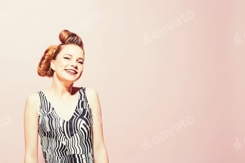 Preview: Girl In Stylish Vintage Dress On Pink Background. Beauty And Fashion, Cosmetics. Pinup, Youth And