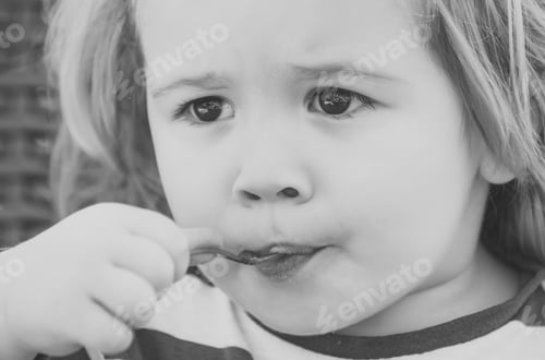 Preview: Toddler Eat Ice Cream, Frozen Fruit Yogurt, Gelato Or Sorbet With Spoon. Food, Refreshing Dessert