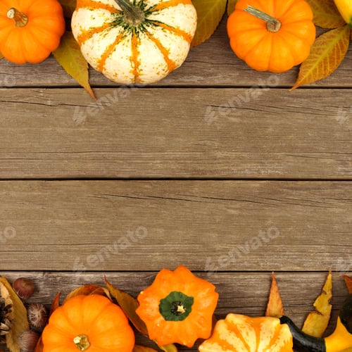 Preview: Autumn Double Border Of Pumpkins, Leaves And Gourds Against A Rustic Wood Background