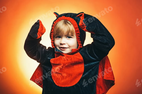 Preview: Halloween Kids Party And Funny Little Evil. Halloween Decoration And Scary Concept. Happy Halloween