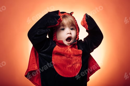 Preview: Halloween Party And Funny Child. Horror Faces. Holiday Halloween With Funny Carnival Costumes On A