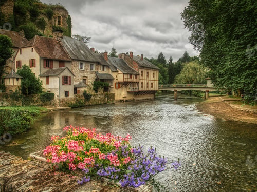 Preview: A Beautiful Shot Of A French Province Place With Beautiful Houses In Front Of A Lake On Cloudy