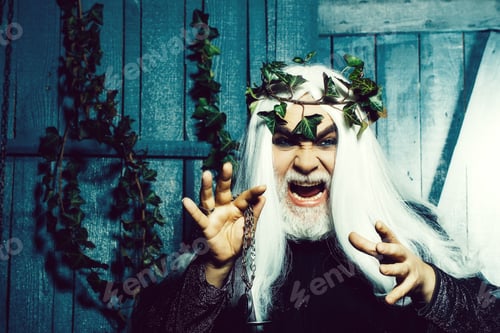 Preview: Bearded Senior Angry Strange Man Wizard In Long White Wig Vine Crown As Zeus God With Medallion On