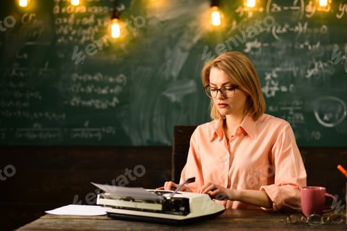 Preview: Typewriter Worker Woman At School. Typewriter In Retro Style And Sexy Woman Secretary