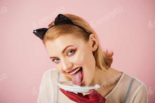 Preview: Sexy Cat Woman Lick Milk From Plate. Sexy Woman Lick Milk With Tongue