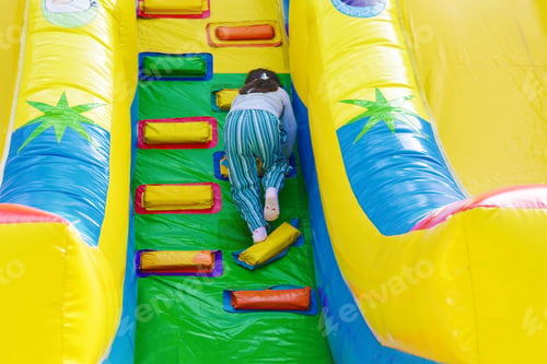 Preview: Dangerous Inflatable Slide. Little Girl Climbing.
