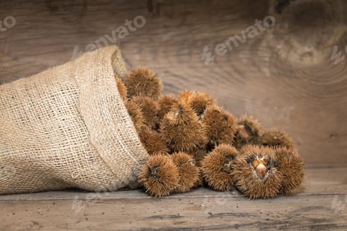 Preview: Bag Spilling Chestnuts On Rustic Wood With Place For Text