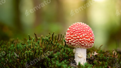 Preview: A Selective Focus Shot Of A Small Fly Agaric Growing In Its Natural Environment