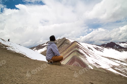Preview: Man With Panoramic View. Hiking Scene In Vinicunca, Cusco Region, Peru. Montana Of Seven Colors