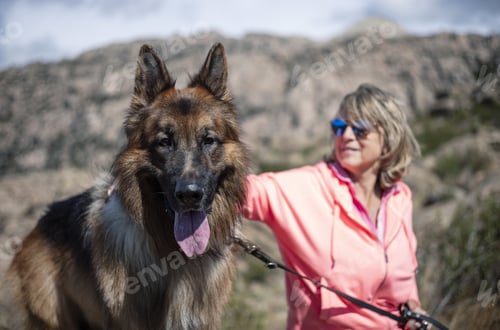Preview: A Female Hiker Resting With Her Dog And Enjoying The Fresh Air