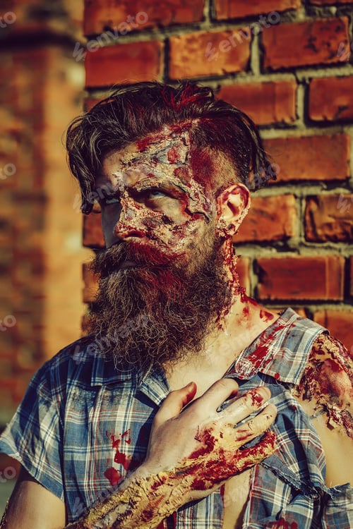 Preview: Bearded Zombie Man With Beard Halloween Vampire Or Bloody War Soldier With Wounds And Red Blood
