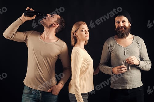Preview: Guys Hold Cup, Flask With Alcohol, Drink. Company Of Calm Friends Spend Leisure With Drinks. Drink