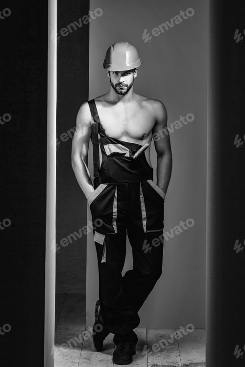 Preview: Young Handsome Bearded Macho Man Builder With Sexy Muscular Athletic Strong Body Has Strong Hands