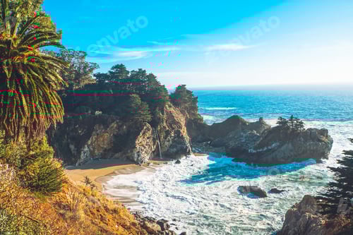 Preview: A Beautiful Aerial Shot Of The Coast Of A Tropical Jungle With Cliffs And Amazing Sea