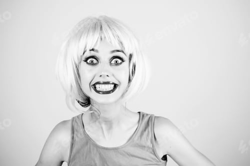 Preview: Woman In Pink Wig With Fashionable Makeup. Girl Smiling With Bright Artificial Hair. Hairdresser