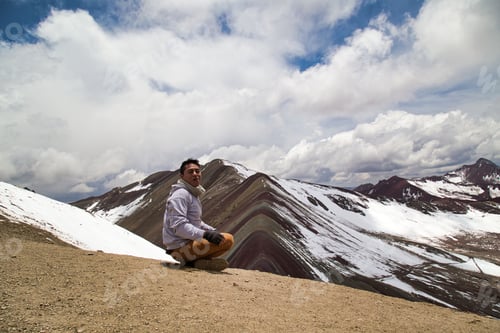 Preview: Man With Panoramic View. Hiking Scene In Vinicunca, Cusco Region, Peru. Montana Of Seven Colors