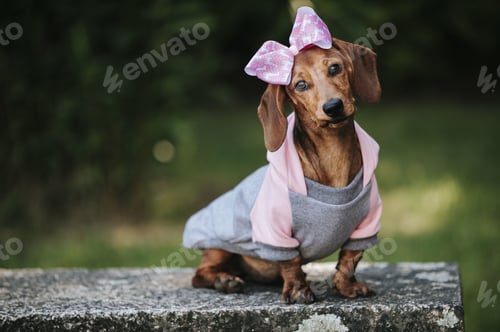 Preview: A Closeup Of A Sweet Brown Dwarf Dachshund Wearing A Stylish Pullover And Pink Headband Posing In A