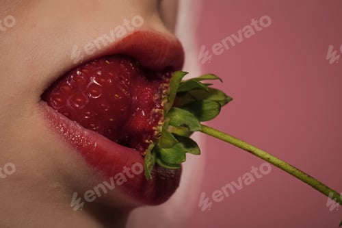 Preview: Beauty And Fashion. Girl Hold Red Berry In Mouth. Fruit And Vitamin. Skincare, Spa And Health