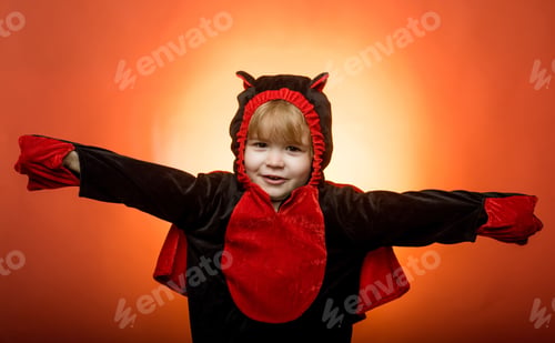 Preview: Happy Child In Halloween On The World. Trick Or Treat. Halloween Dresses And Dracula Costumes. Best