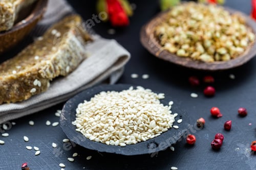 Preview: A Closeup Shot Of Sesame In A Black Bowl And Vegan Bread