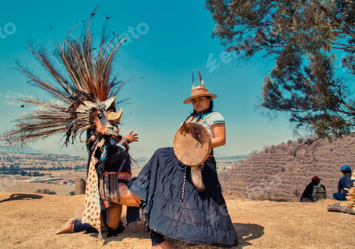 Preview: Mexican Dancers Posing At Camera With Tufts And Pre-Hispanic Dress