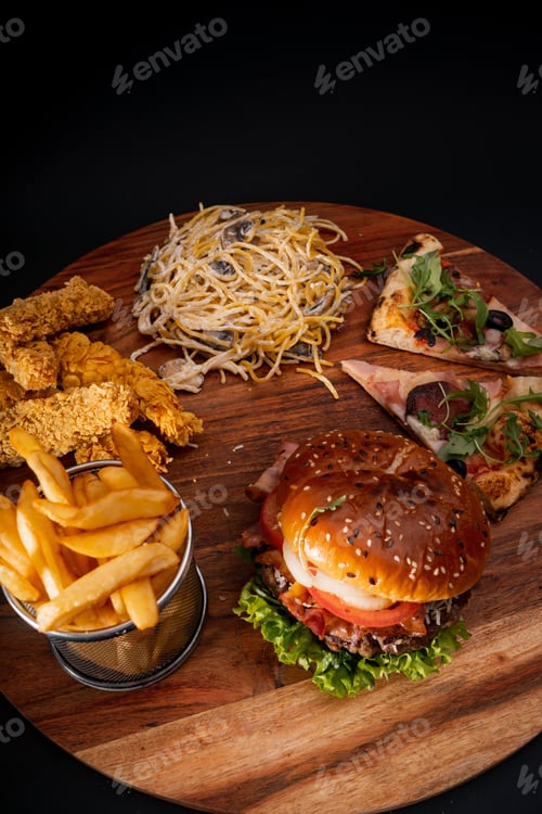 Preview: Assortment of Delicious Fast Food on Wooden Board