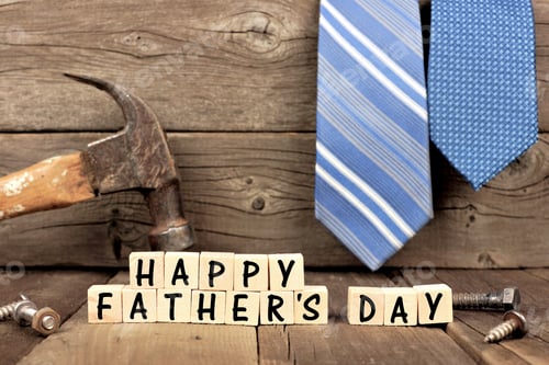 Preview: Happy Fathers Day Wooden Blocks With Tools And Ties In The Background Against Rustic Wood