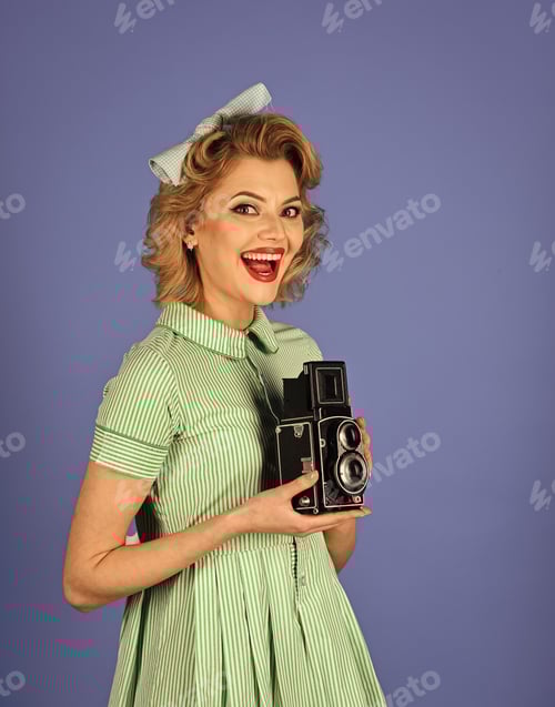 Preview: Retro Photographer. Pinup Woman With Vintage Camera. Pinup Woman Hold Photo Camera.