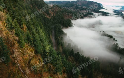 Preview: A Drone View Of A Road In A Forest On A Hill Covered In The Fog - Perfect For Backgrounds