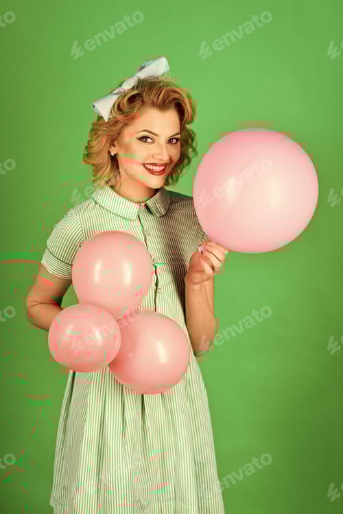 Preview: Sexy Blond Girl With Retro Makeup Hold Balloons. Sexy, Sensual Girl With Party Balloons, Vintage