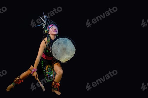 Preview: Young Woman Teotihuacana, Xicalanca - Toltec In Black Background, With Traditional Dress Dance With