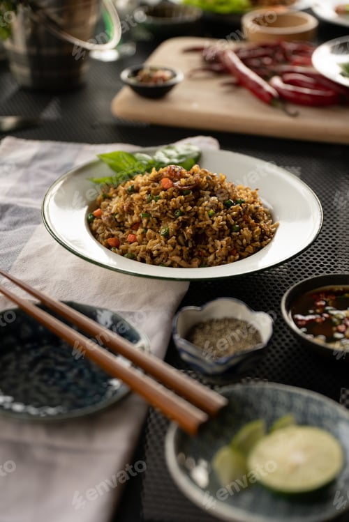 Preview: A Vertical Shot Of A Dish With Rice And Vegetables With A Blurred Background