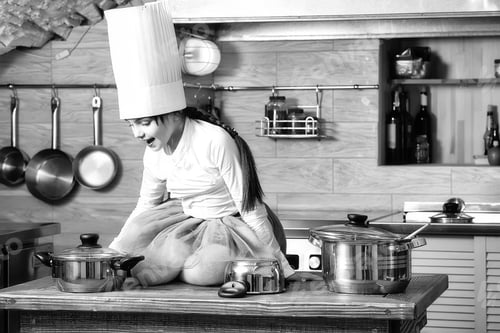 Preview: Small Girl With Pans And Spoons In Cook Hat. Cooking, Food, Study