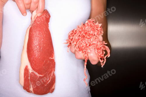 Preview: Close Up Shot Of A Woman Holding Fresh Meat In Kitchen.
