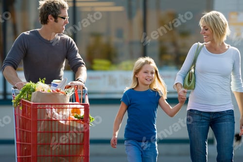 Preview: Horizontal Shot Of A Father Pushing A Shopping Trolley With Mother And Daughter Walking Hand In