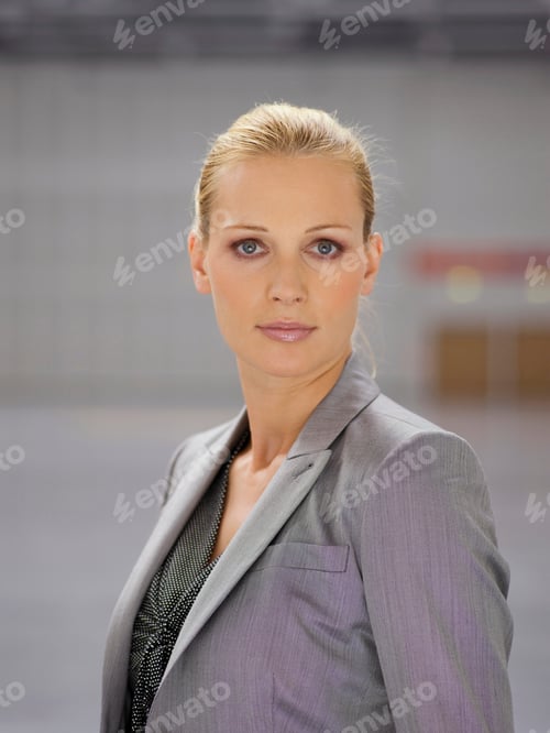 Preview: Headshot Of A Confident Businesswoman With Blond Hair And Wearing A Grey Suit