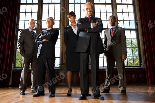 Preview: Wide Shot Of A Small Group Of Businessmen And Woman Standing In Hall Posing For The Camera.