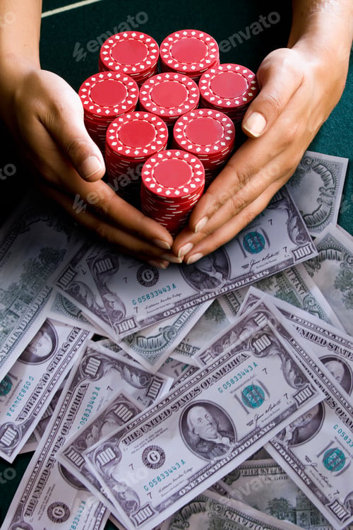 Preview: Greedy Female Poker Player Taking Gambling Chips On A Hundred Dollar Bill From The Table After