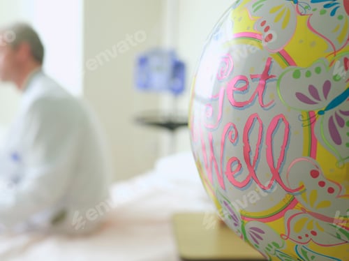 Preview: Close-Up Shot Of A 'Get Well' Balloon In Hospital With Doctor In Background And Copy Space.