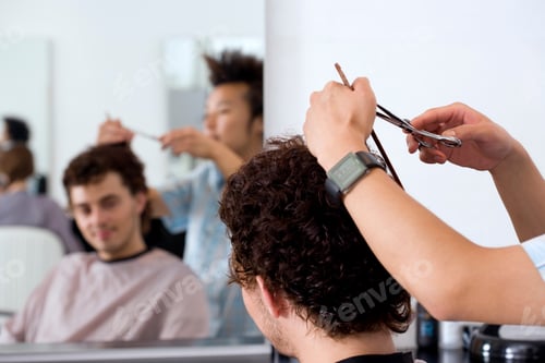 Preview: Head And Shoulder Close-Up Of A Barber Cutting Client'S Hair With Reflection In The Mirror And Copy
