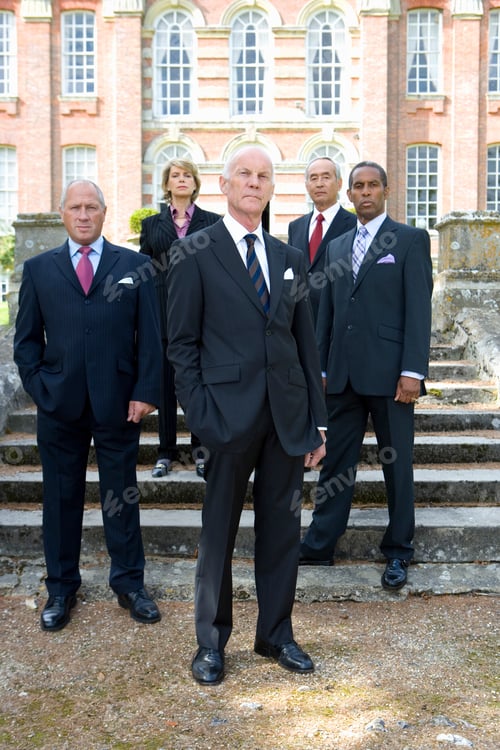 Preview: Vertical Shot Of A Multi-Ethnic Group Of Five Business People Standing In Front Of A Manor Looking