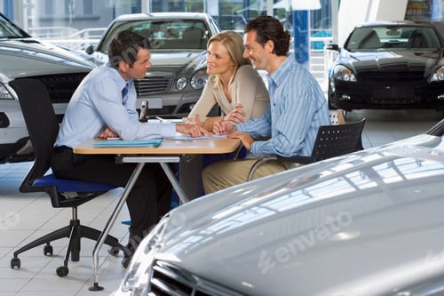 Preview: Mid-Length Shot Of A Car Salesman And Couple Sitting At A Desk In A Large Car Showroom While The