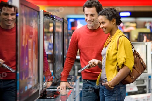 Preview: Young Mixed Race Couple Standing In The Middle Of An Electronics Appliances Store And Shopping For